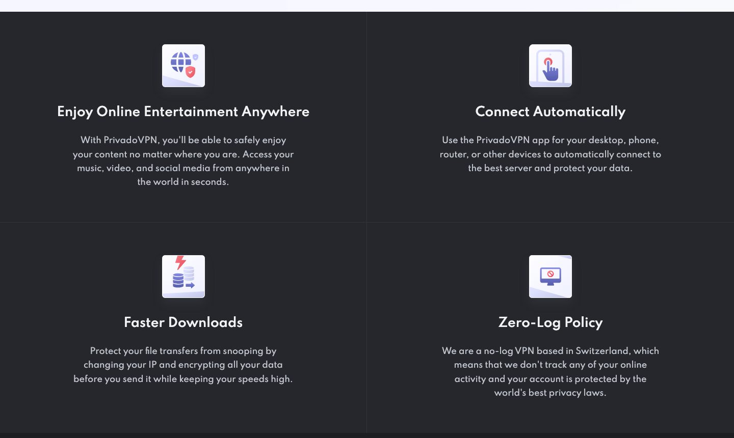 privadovpn.com/features/ 四格功能列表:Enjoy Online Entertainment Anywhere、Connect Automatically、Faster Downloads、Zero-Log Policy