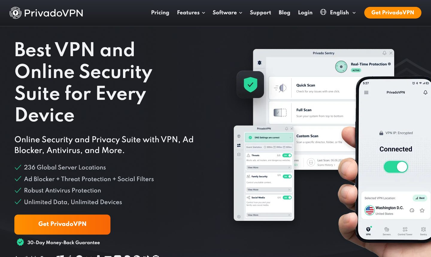 privadovpn.com 首页横幅:“Best VPN and Online Security Suite for Every Device”、236 Global Server Locations、Unlimited Data, Unlimited Devices