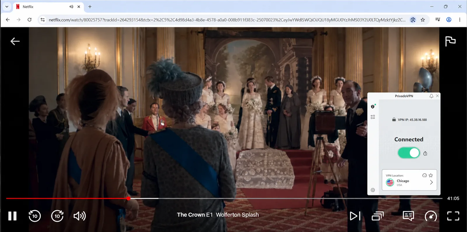 Netflix playing The Crown with PrivadoVPN connected (Chicago, United States).