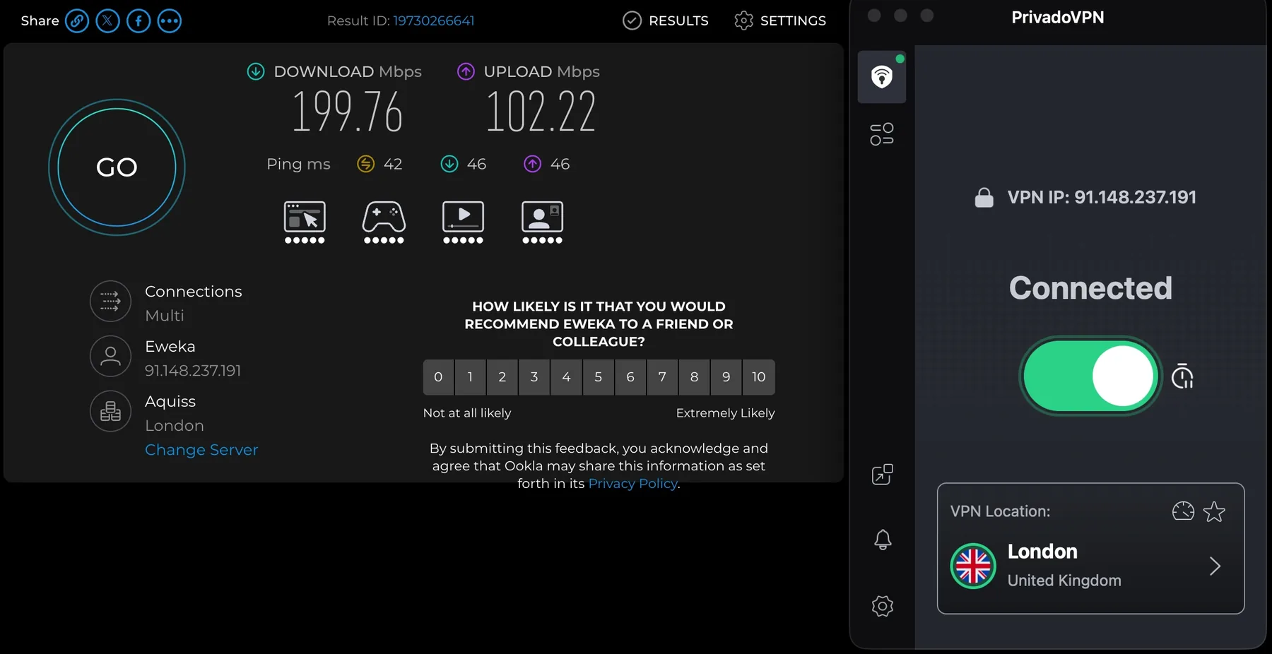 连接伦敦时的Speedtest:下载199.76 Mbps,上传102.22 Mbps,延迟42 ms。