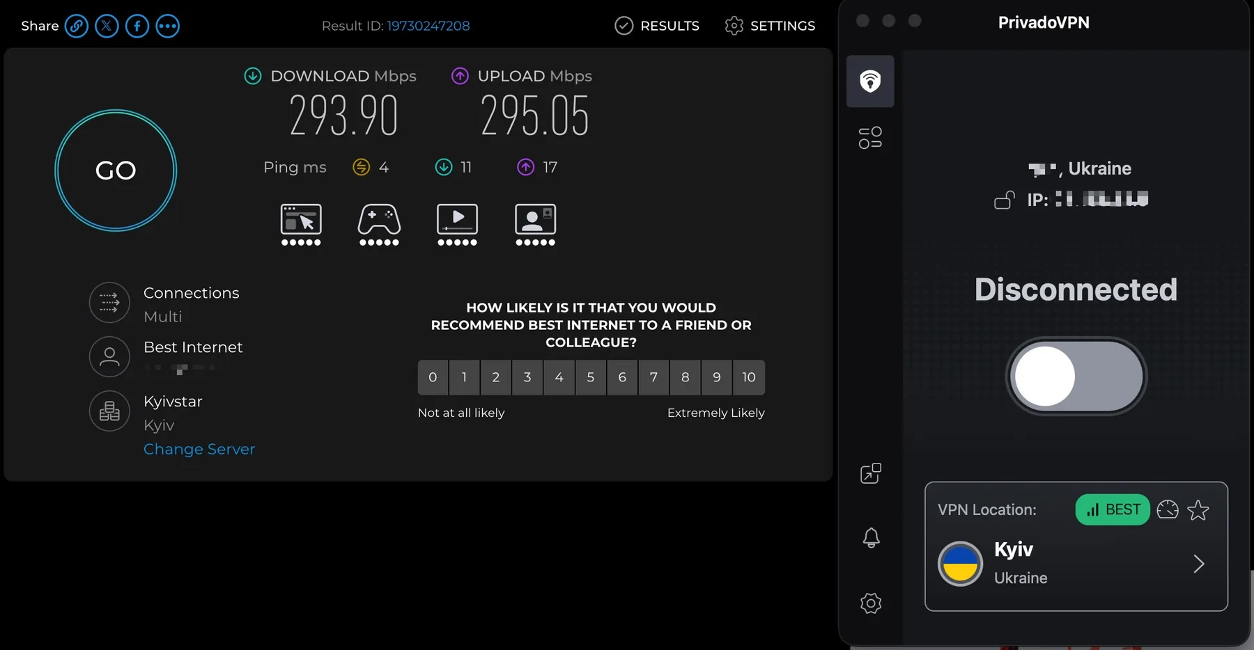 PrivadoVPN断开时的Speedtest:下载293.90 Mbps,上传295.05 Mbps,延迟4 ms。
