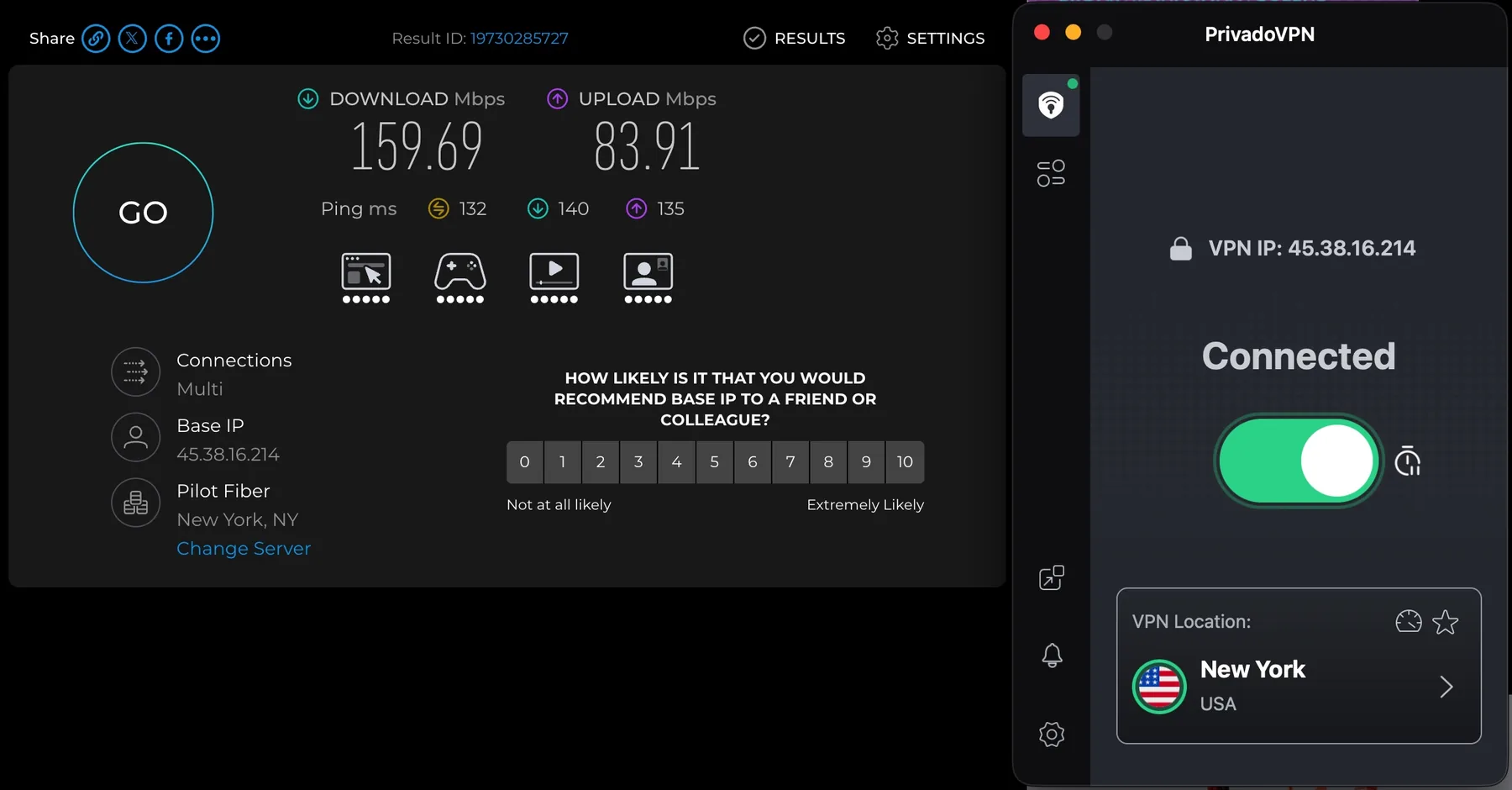 连接纽约时的Speedtest:下载159.69 Mbps,上传83.91 Mbps,延迟132 ms。