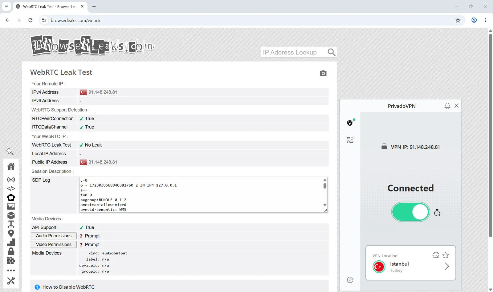 BrowserLeaks WebRTC test reporting 'No Leak' with PrivadoVPN connected; only the VPN-facing address is visible.
